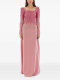 Dina Melwani Crystal Grid Embroidered Gown — Red/ Pink — Size XS — Front View