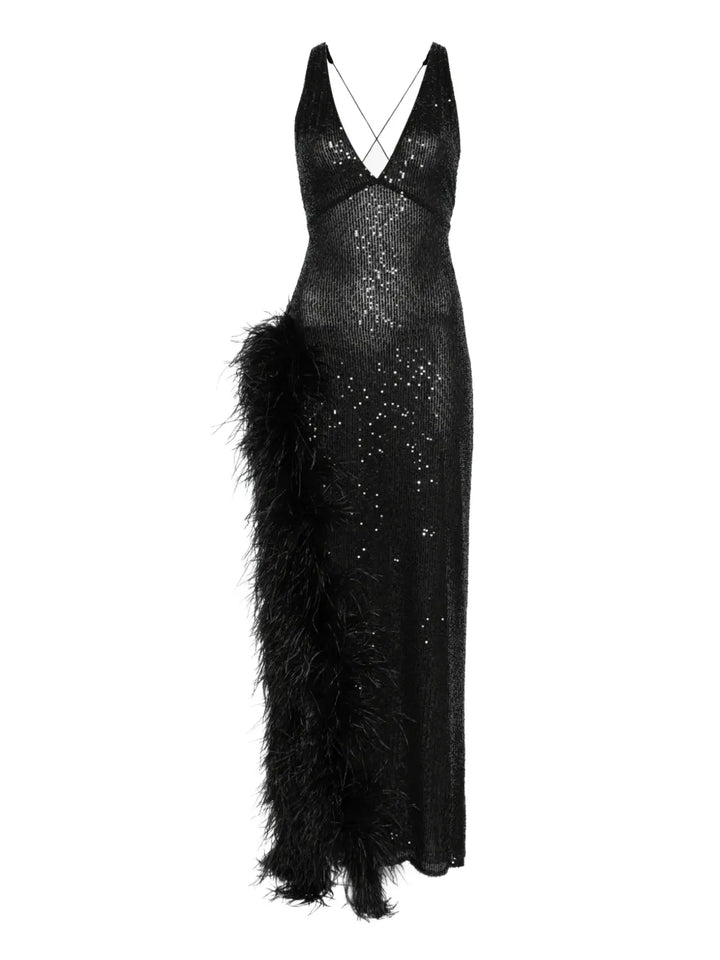 Atu Body Couture Feather Trim Sequined Maxi Dress — Black — Size S — Front View