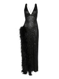Atu Body Couture Feather Trim Sequined Maxi Dress — Black — Size S — Front View
