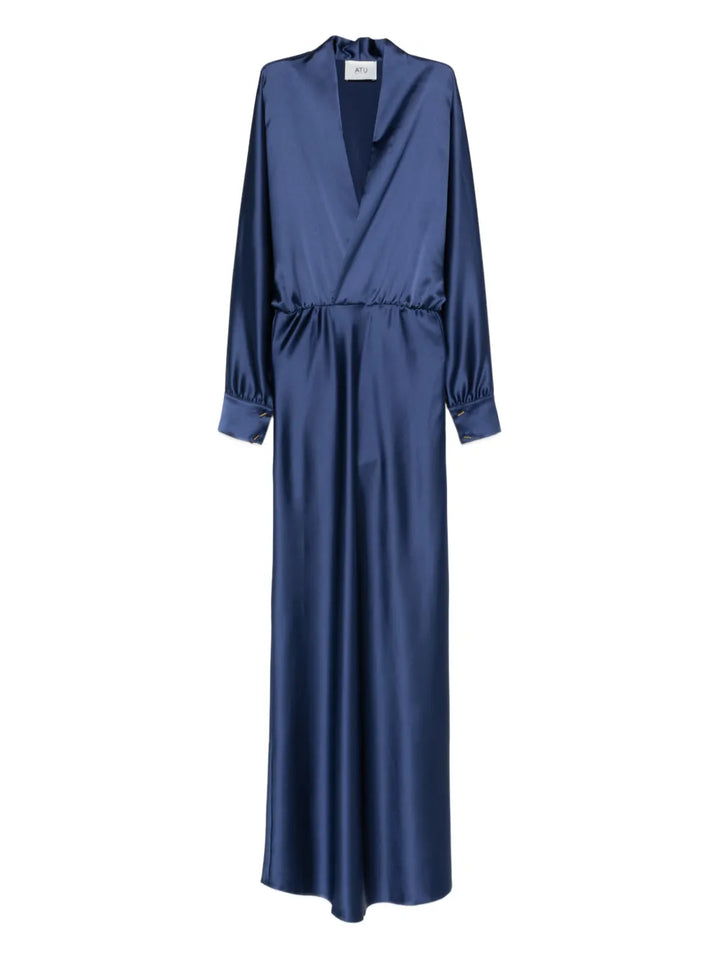 Atu Body Couture V Neck Long Sleeve Gown — Blue/ Navy — Size XXL — Front View