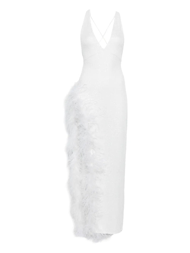 Atu Body Couture Feather Trim V Neck Maxi Dress — White — Size XS — Front View