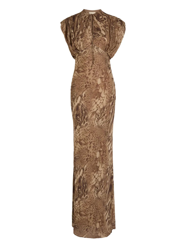 De La Vali Ceres Patterned Maxi Dress — Brown/ Red — Size XS — Front View