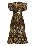 Sister Jane Suite Puff Sleeve Leopard Jacquard Midi Dress — Brown — Size XS — Front View