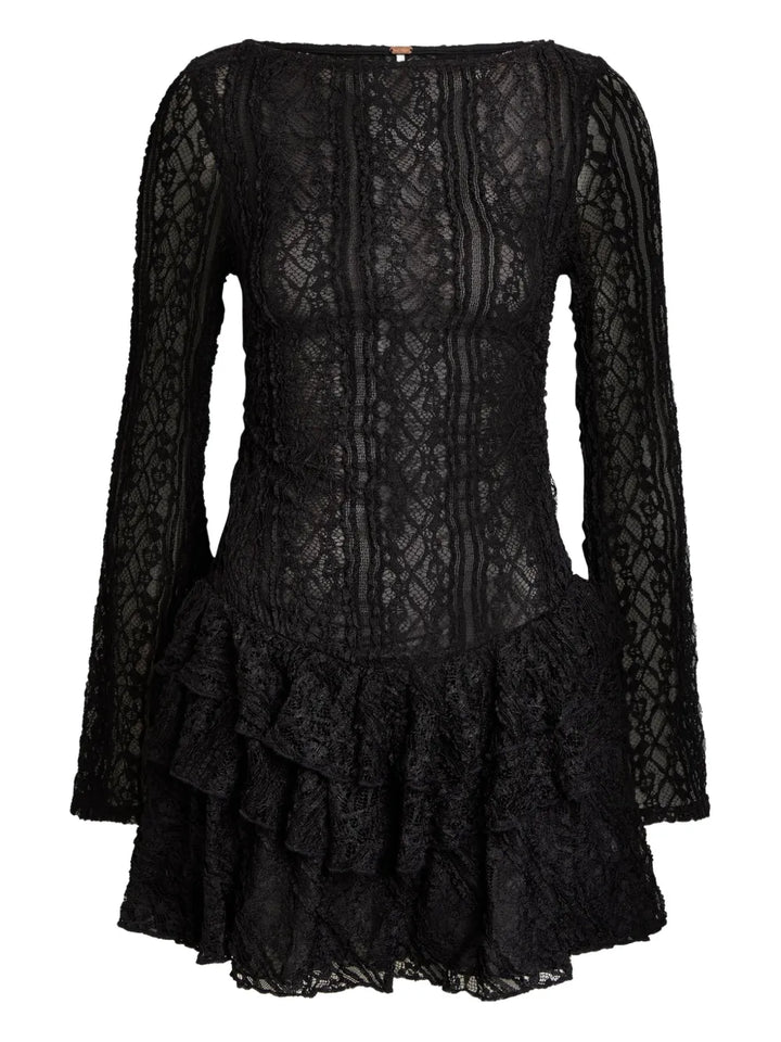 Free People Ruffled Lace Mini Dress — Black/ Red — Size XS — Front View