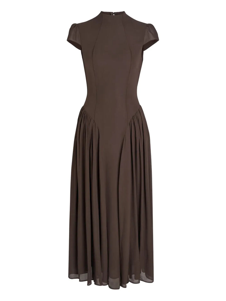 Reformation Maven Mock Neck Midi Dress — Brown/ Red — Size XS — Front View