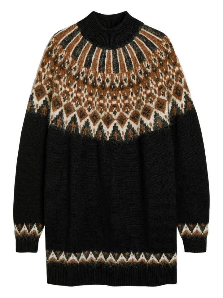 Staud Liza Patterned Roll Neck Mini Dress — Black — Size S — Front View