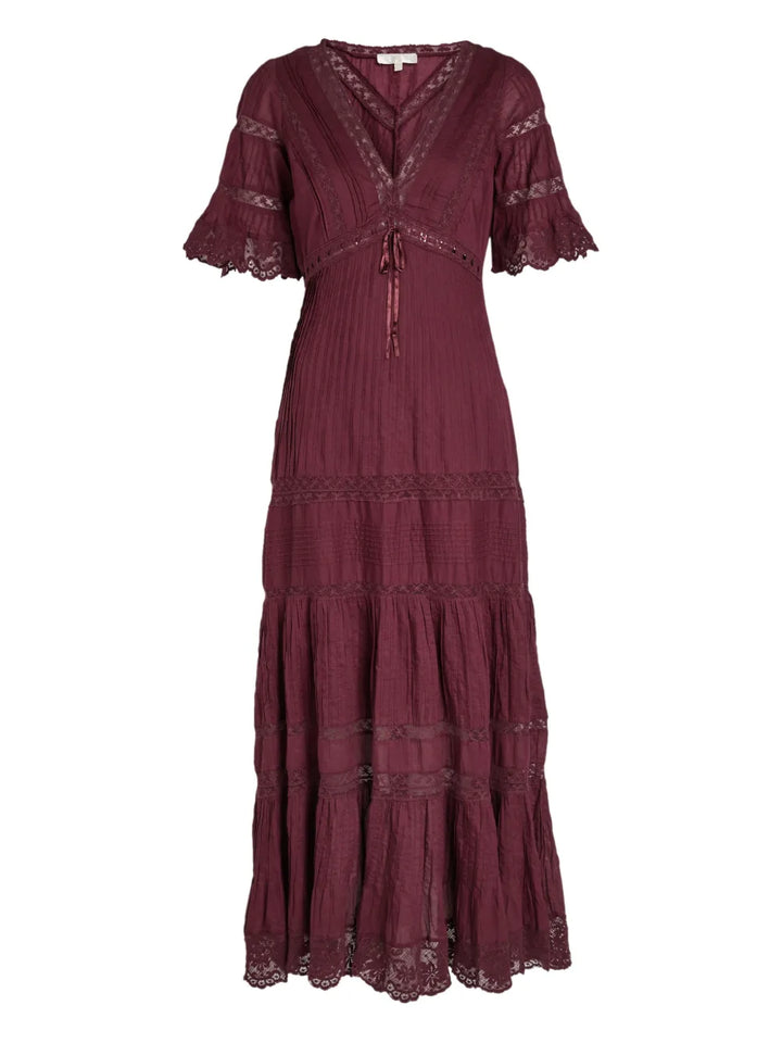 Loveshackfancy Marlowe Lace Detail Midi Dress — Red — Size XS — Front View