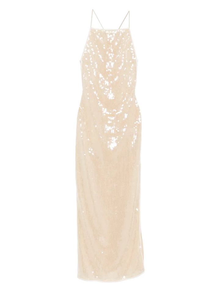 Oseree Marylin Sequin Embellished Dress — Beige — Size XS — Front View