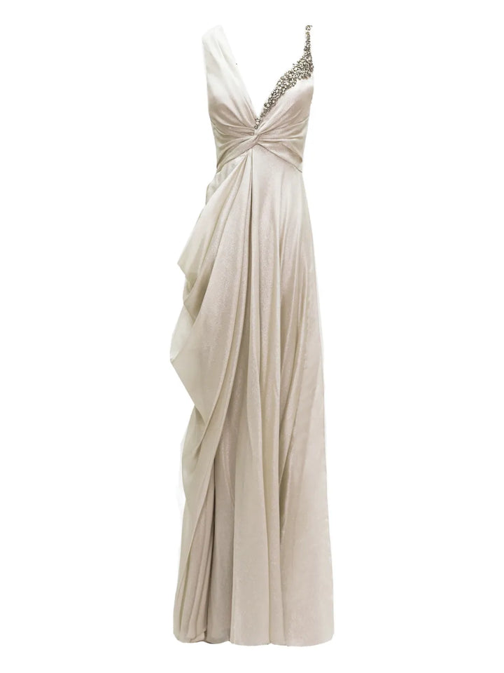 Gemy Maalouf Asymmetrical Draped Maxi Dress — Beige — Size XS — Front View