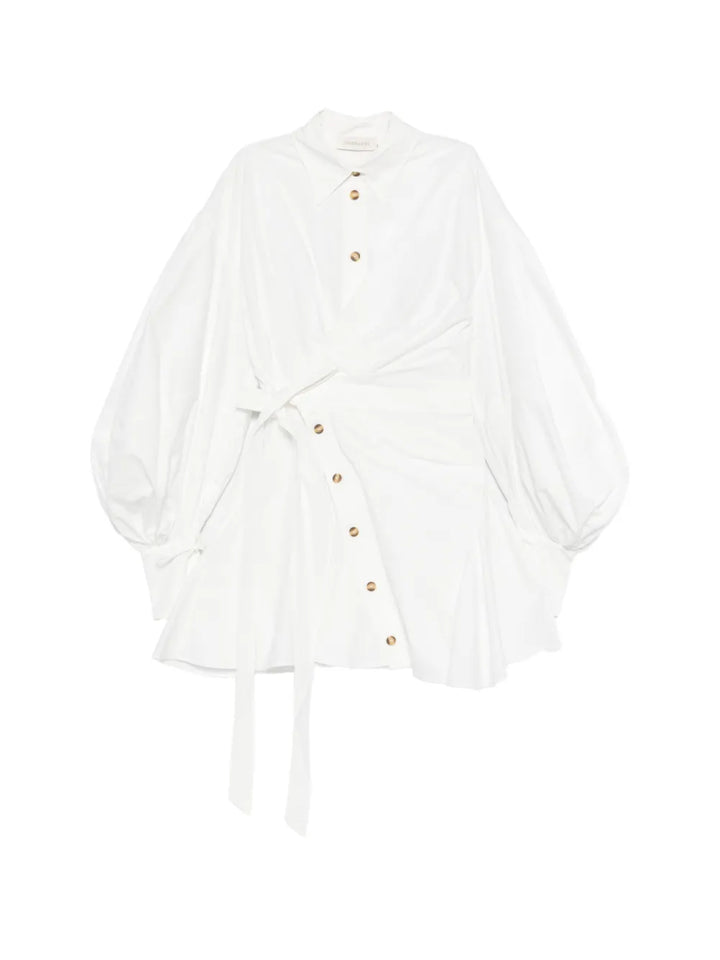 Zimmermann Tie Waist Button Mini Dress — White/ Red — Size XS — Front View