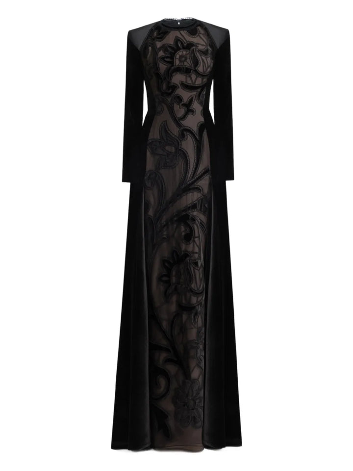 Gemy Maalouf Floral Embroidery Velvet Dress — Black — Size S — Front View