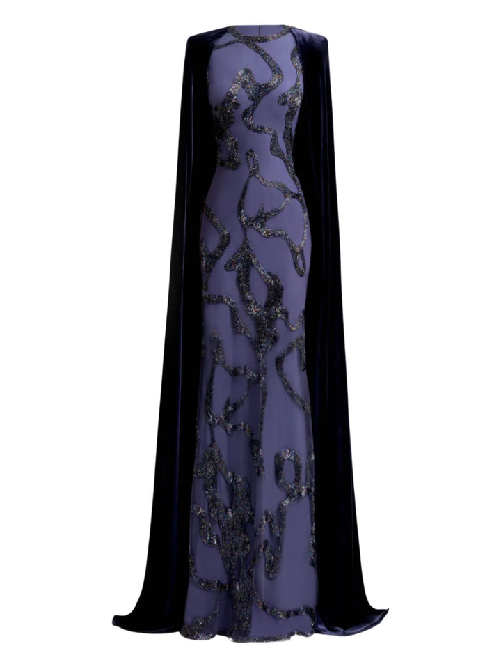 Gemy Maalouf Beaded Cape Dress — Blue — Size XS — Front View