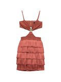 Patbo Cut Out Fringed Mini Dress — Brown/ Gold — Size XS — Front View