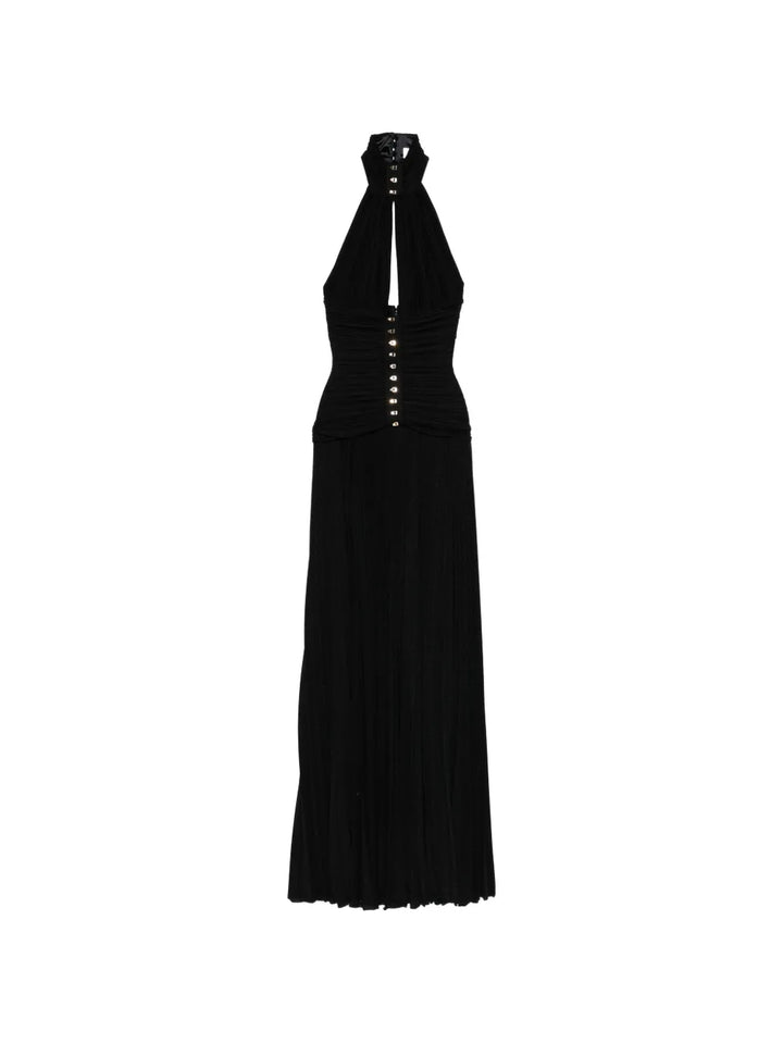 Elisabetta Franchi Halterneck Pleated Maxi Dress — Black/ Gold — Size XS — Front View