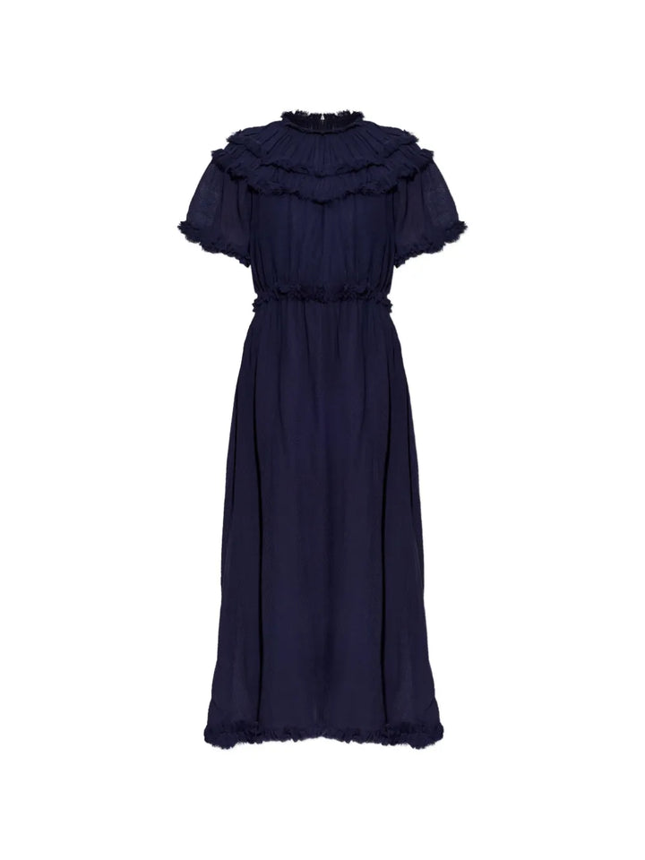 Ulla Johnson Ayan Ruffled Fringed Dress — Blue — Size S — Front View