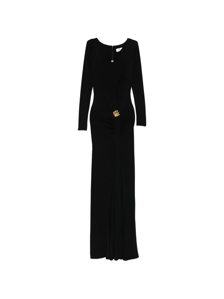 Elisabetta Franchi Gold Tone Brooch Maxi Dress — Black/ Gold — Size S — Front View