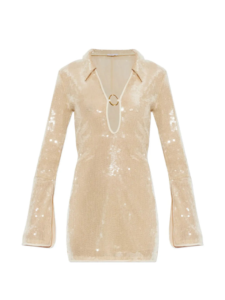 Oseree Sequined Mini Dress — Beige/ Gold — Size S — Front View