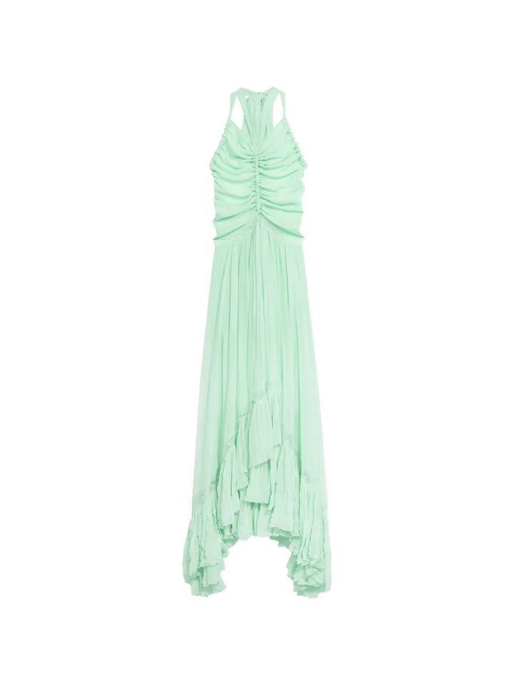 Blumarine Ruched Ruffled Dress — Blue — Size XS — Front View