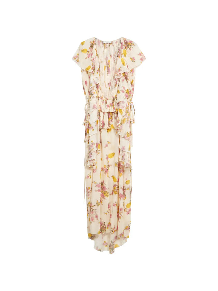 Blumarine Floral Pleated Ruffled Dress — Red/ Yellow — Size XS — Front View