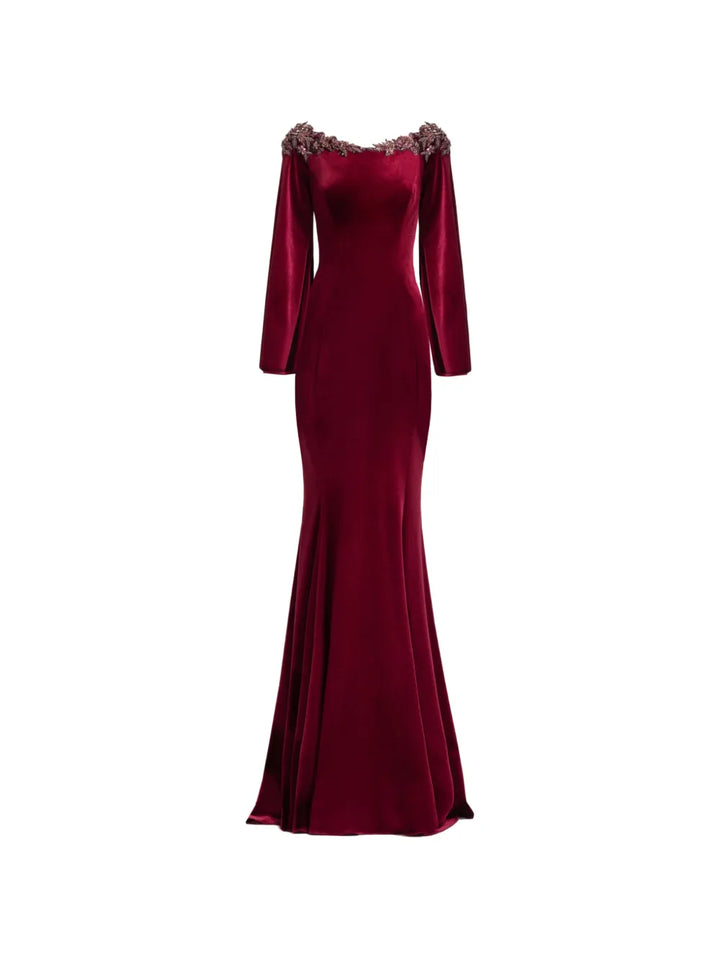 Gemy Maalouf Long Sleeve Velvet Maxi Dress — Red — Size XL — Front View