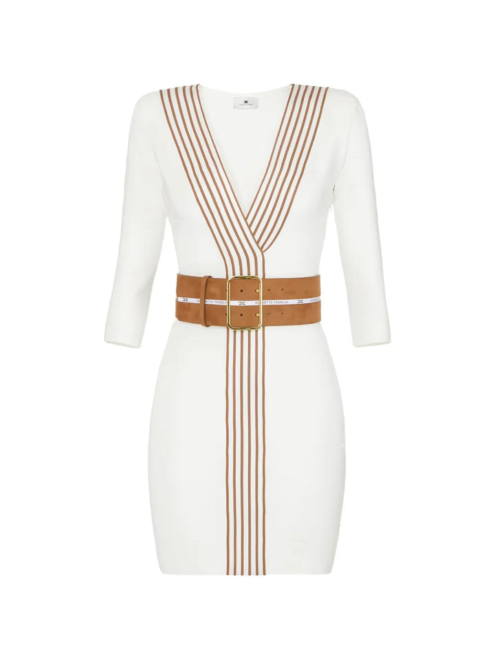 Elisabetta Franchi Striped Knit Mini Dress — Ivory — Size S — Front View