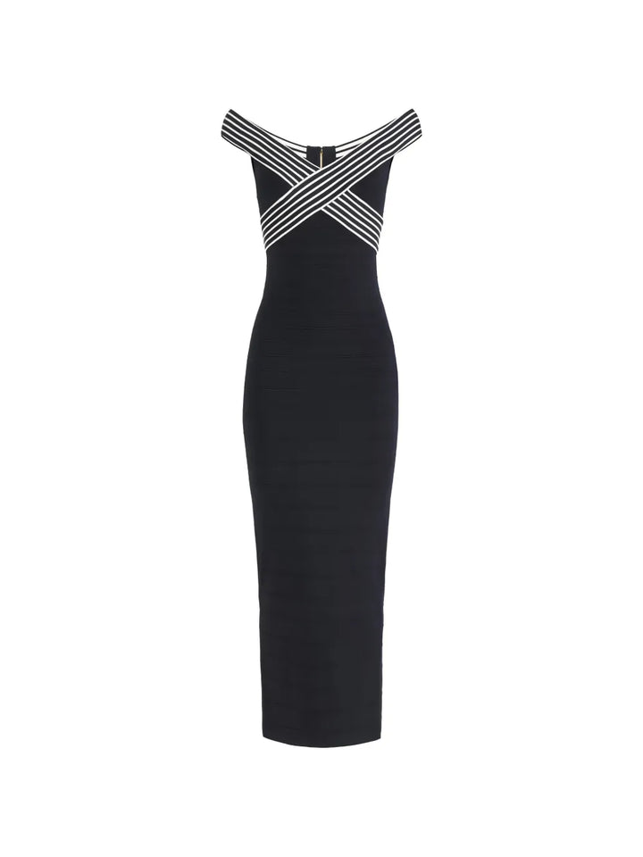 Elisabetta Franchi Striped Long Dress — Black — Size XS — Front View