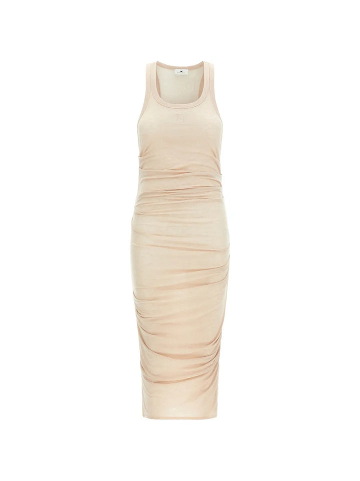 Elisabetta Franchi Logo Embroidery Draped Midi Dress — Beige — Size XS — Front View