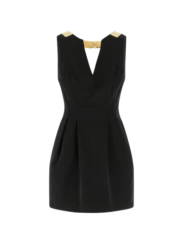 Elisabetta Franchi Plaque V Neck Mini Dress — Black/ Gold — Size XS — Front View