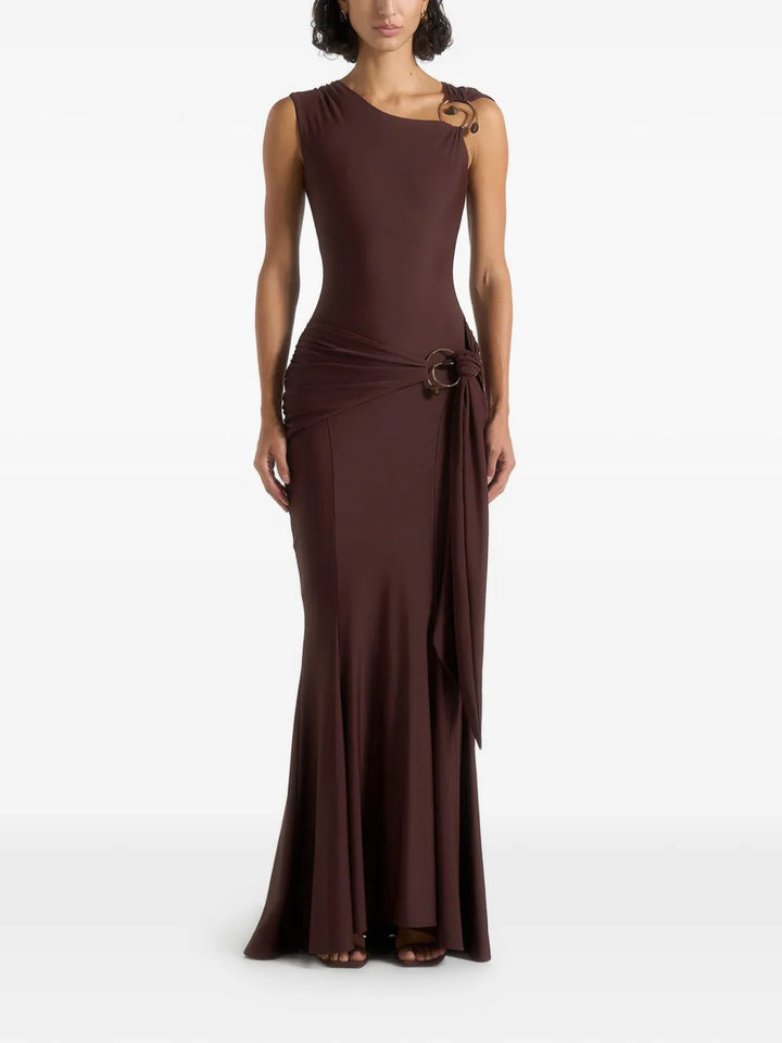 Maniere De Voir Rania Asymmetric Draped Maxi Dress — Brown/ Red/ Gold — Size XS — Front View