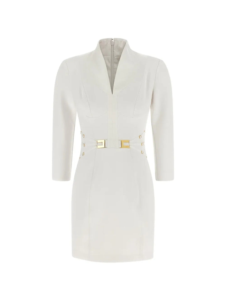 Elisabetta Franchi Logo Applique Mini Dress — White/ Gold — Size XS — Front View
