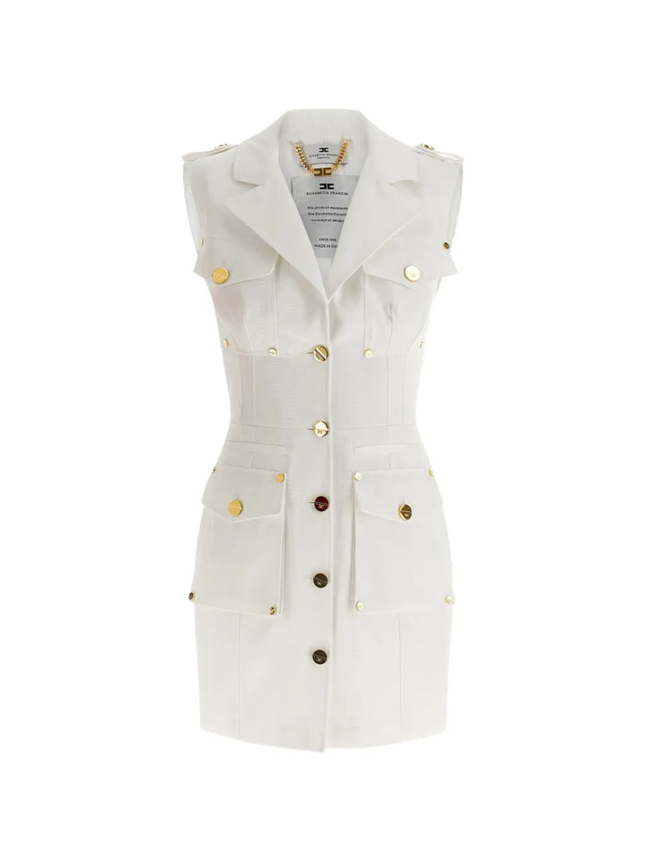 Elisabetta Franchi Single Breasted Button Mini Dress — White — Size S — Front View