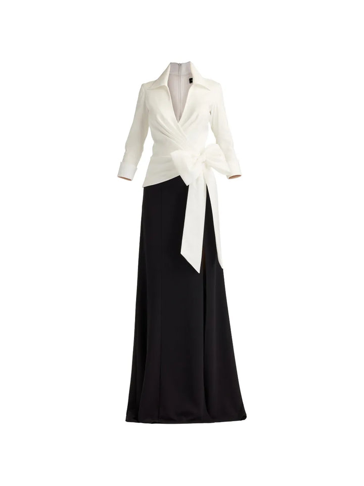 Tadashi Shoji Bow Detail V Neck Panelled Dress — Black/ White — Size XS — Front View