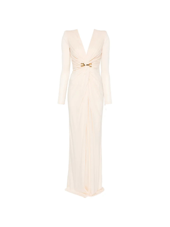 Elisabetta Franchi Long Sleeve V Neck Maxi Dress — Beige — Size S — Front View