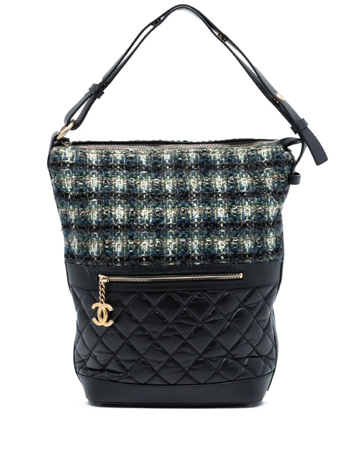 Chanel Pre Owned 2018 2019 Quilted Aged Calfskin And Tweed Casual Style Hobo Bag — Same as shown — Size One Size — Front View