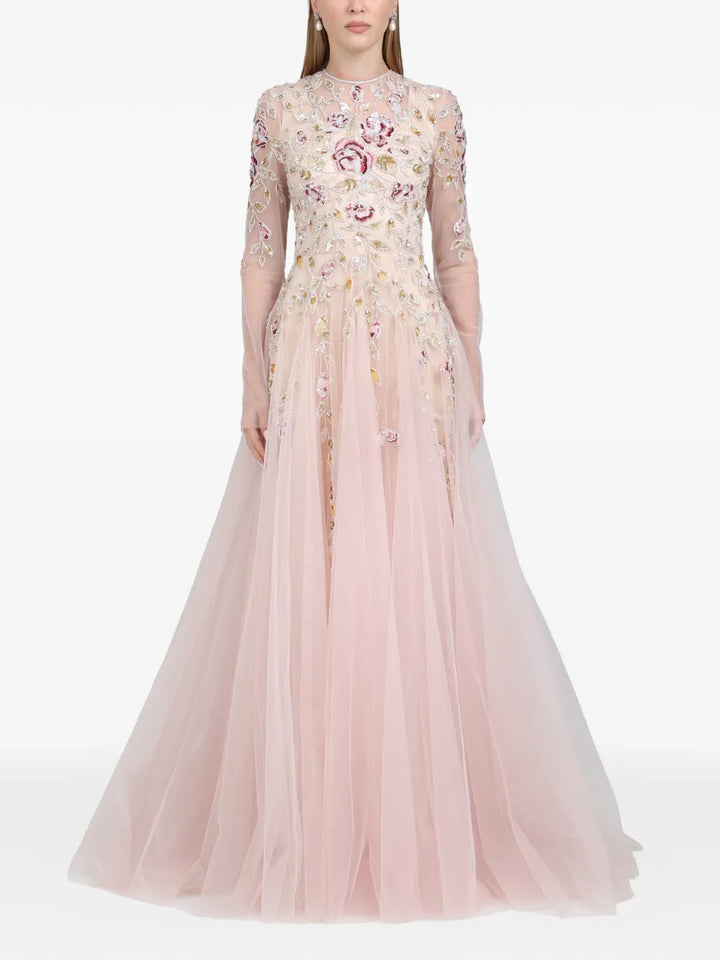 Dina Melwani Leaf Embroidered Gown Maxi Dress — Red/ Pink — Size M — Front View