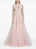 Dina Melwani Leaf Embroidered Gown Maxi Dress — Red/ Pink — Size M — Front View