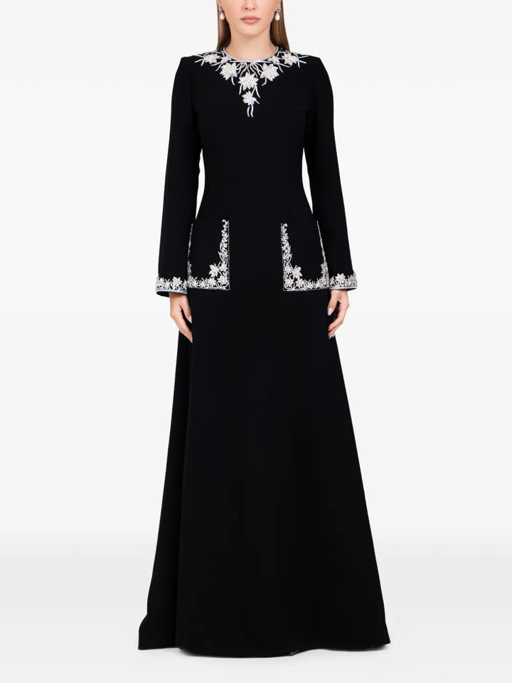 Dina Melwani Long Sleeves Maxi Dress — Black — Size XS — Front View