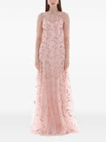 Dina Melwani Crystal Embroidered Maxi Dress — Red/ Pink — Size XS — Front View
