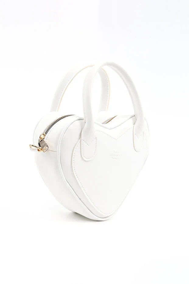 White Heart Shaped Faux Leather Zipper Bag