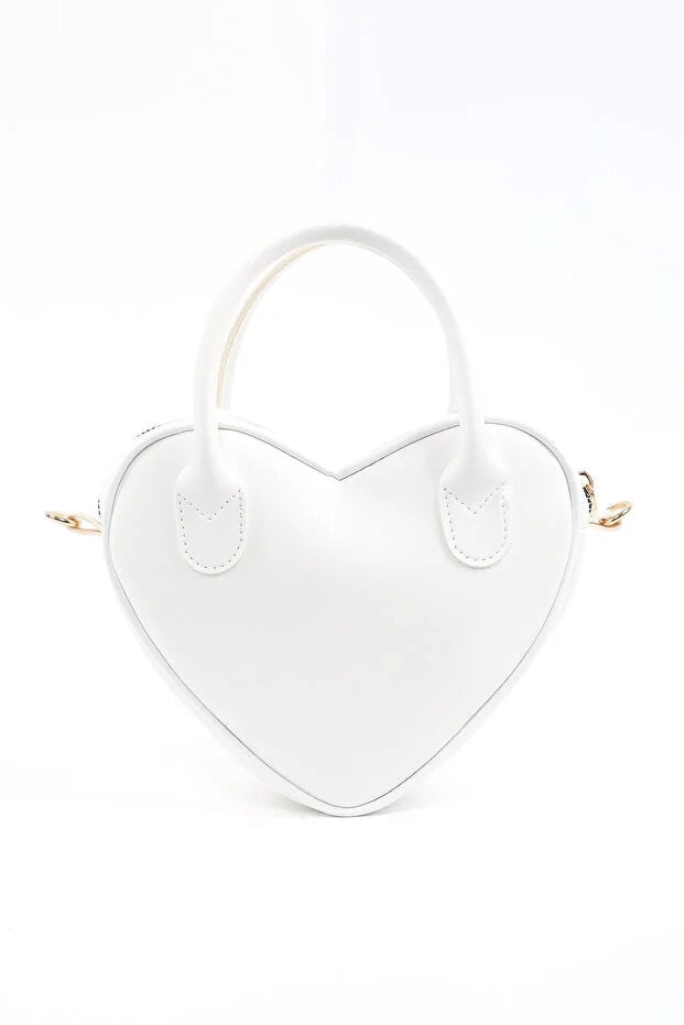 White Heart Shaped Faux Leather Zipper Bag