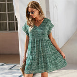 Women Ruffle Loose Short Dress — Blue — Size L — Back View