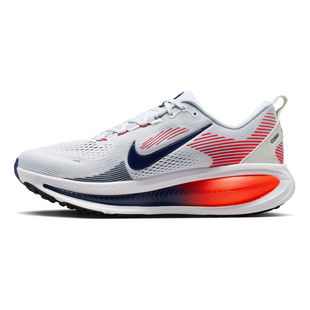 Nike Vomero 18 — Pure Platinum - Anthracite - Smoke Grey - Lt Smoke Grey - Univ Red - Solar Red — Size D — Width 9 — Side View