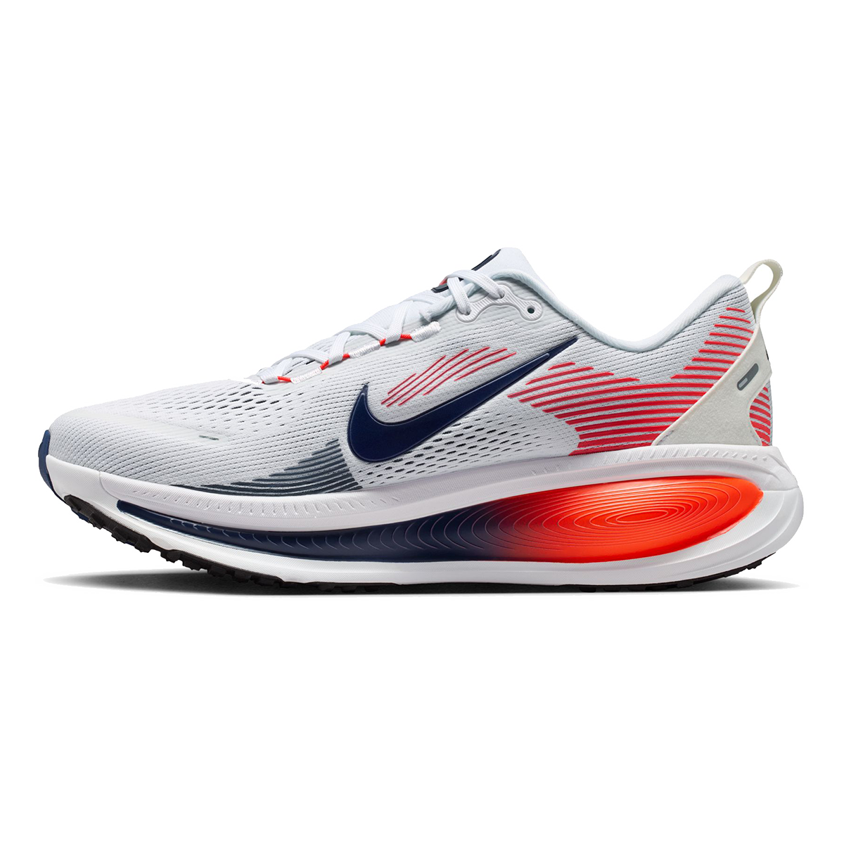 Nike Vomero 18 — Pure Platinum - Anthracite - Smoke Grey - Lt Smoke Grey - Univ Red - Solar Red — Size D — Width 9 — Side View