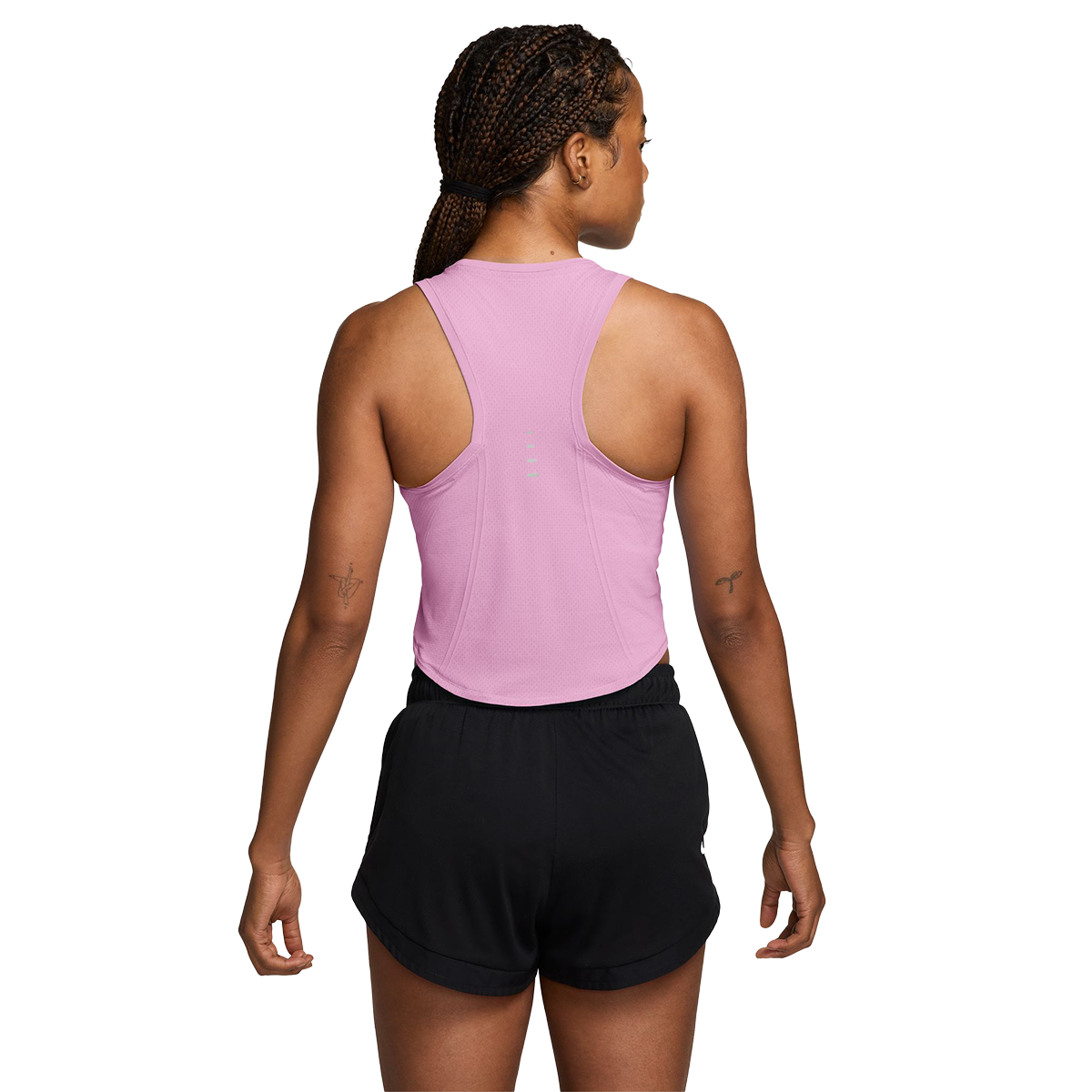 Nike Dri-FIT Seamless Cropped Running Tank Top — Pink Rise - Cool Grey - Reflective Silver — Size XSmall — Side View
