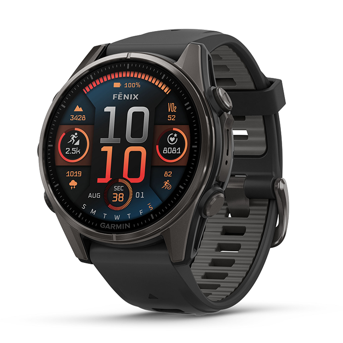 Garmin Fenix 8 Amoled — Carbon Gray DLC Titanium Black - Pebble Gray — Size 51 mm — Front View