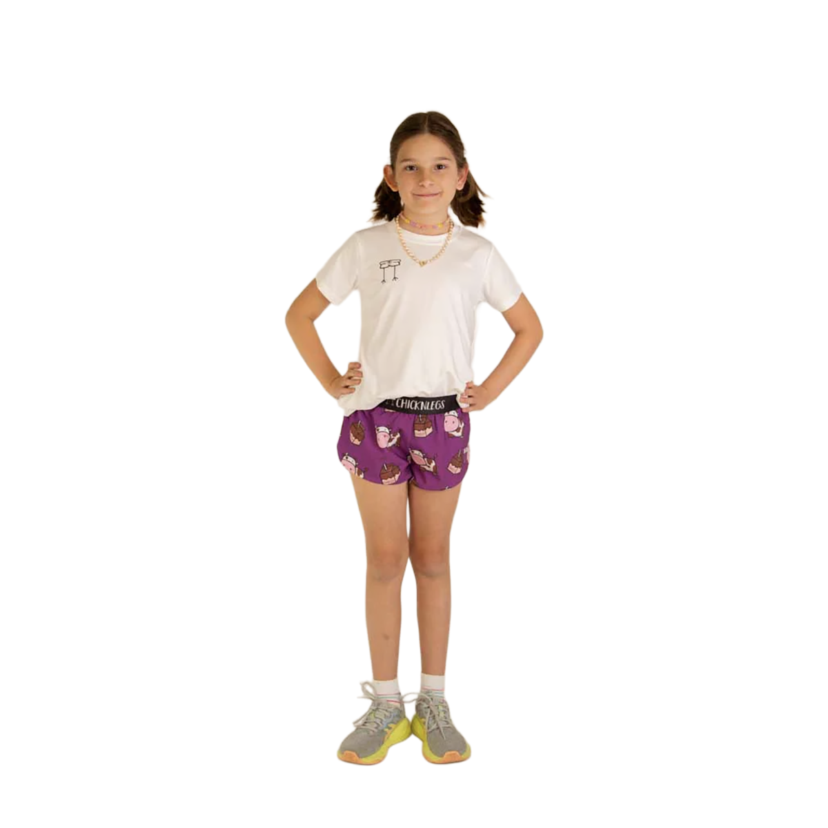 Chicknlegs Running Shorts Girls — Choccy Cows — Size XSmall — Front View