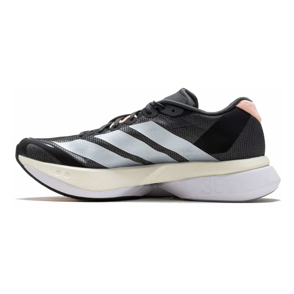 Adidas Adizero Boston 13 — Grey Five - Ftwr White - Haze Coral — Size B — Width 6.5 — Side View