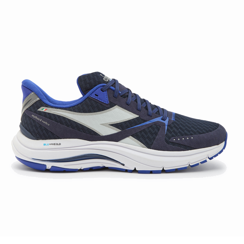 Diadora Mythos Blushield 8 Vortice — Blue Corsair - White - Surf the Web — Size D — Width 10 — Front View