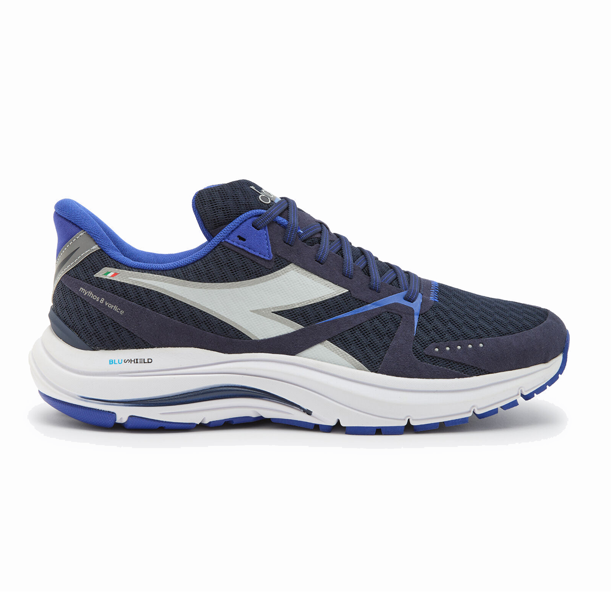 Diadora Mythos Blushield 8 Vortice — Blue Corsair - White - Surf the Web — Size D — Width 10 — Front View