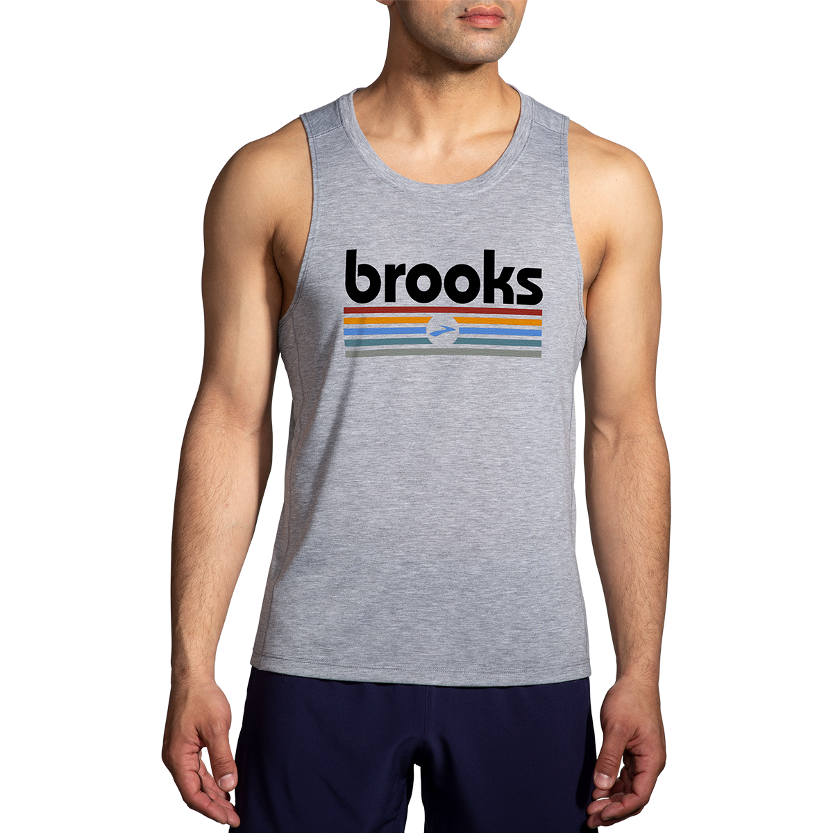 Brooks Distance 2.0 Tank — Heather Ash - Brooks Track Stripe — Size Small — Front View